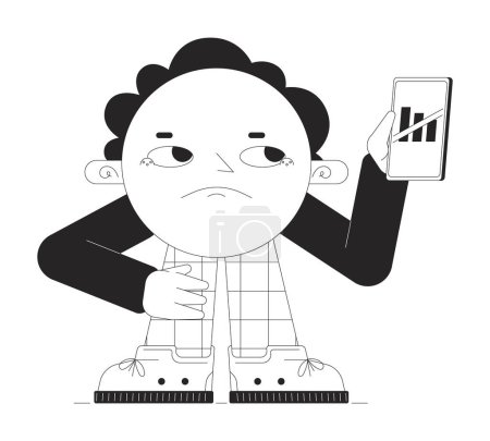 Illustration for No phone signal black and white 2D illustration concept. Retro groovy cartoon outline character isolated on white. Disconnected. Cute geometric figure holding smartphone metaphor monochrome vector art - Royalty Free Image
