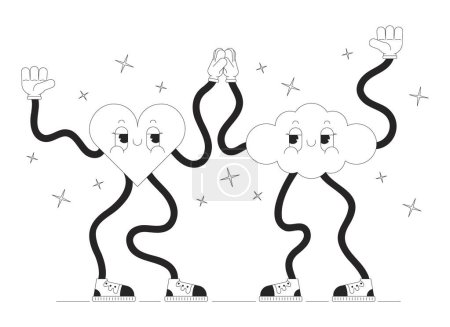 Illustration for High five groovy heart and cloud black and white 2D illustration concept. Wavy hands retro cartoon outline characters isolated on white. Cute geometric figures high-five metaphor monochrome vector art - Royalty Free Image