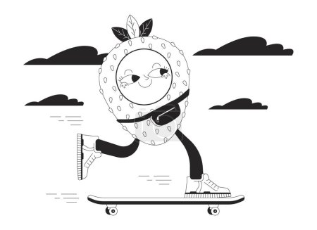 Strawberry skateboard concepto de ilustración 2D en blanco y negro. Caricatura retro groovy contorno personaje aislado en blanco. Linda figura geométrica skateboarder adolescente niño metáfora monocromo vector arte
