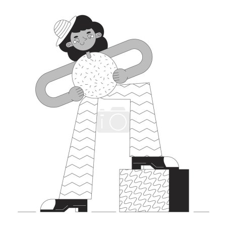 Confiada mujer negra concepto de ilustración 2D en blanco y negro. Caricatura retro groovy contorno personaje aislado en blanco. Figura geométrica linda manos femeninas en las caderas metáfora arte vectorial monocromo