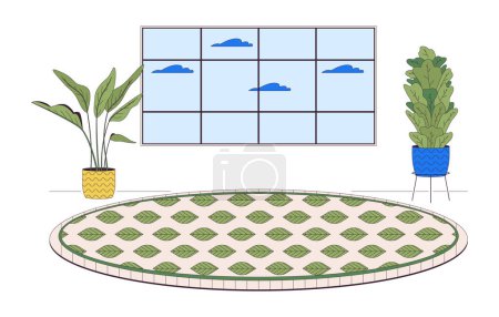 Illustration for Houseplants livingroom cozy carpet round line cartoon flat illustration. Floor rug leaves pattern 2D lineart interior isolated on white background. Potted plants living room scene vector color image - Royalty Free Image