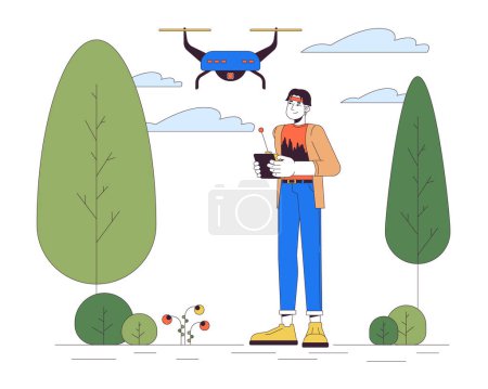 Ilustración de Hombre coreano con dron en línea de parque ilustración plana de dibujos animados. Chico asiático controlando quadcopter 2D carácter lineal aislado sobre fondo blanco. Tecnología UAV en la vida cotidiana de la escena vectorial de imagen de color - Imagen libre de derechos