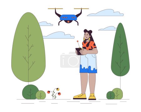 Téléchargez les illustrations : Femme hispanique volant drone dans le parc dessin animé illustration plate. Latina fille contrôle quadcopter 2D caractère linéaire isolé sur fond blanc. technologie UAV scène quotidienne vecteur image couleur - en licence libre de droit