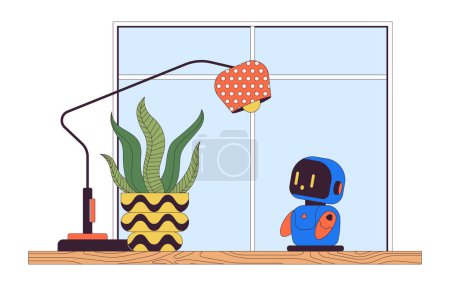 Small companion robot on desk office line cartoon flat illustration. Study buddy bot tabletop lamp houseplant 2D lineart interior isolated on white background. Wow amazed tech scene vector color image