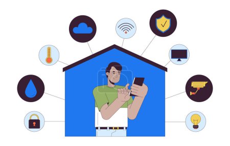 Illustration for Smart home phone man 2D linear illustration concept. Remote access with smartphone indian guy cartoon character isolated on white. Smart house technology metaphor abstract flat vector outline graphic - Royalty Free Image