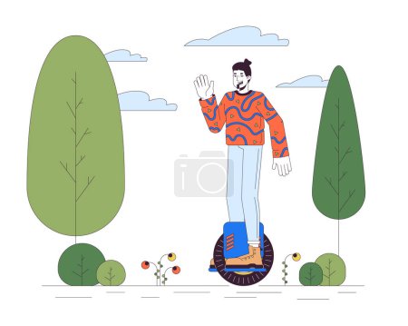 Caucásico chico montando monociclo eléctrico línea de dibujos animados plana ilustración. Una rueda scooter hombre 2D carácter lineal aislado sobre fondo blanco. Movilidad verde tecnología escena vector color imagen