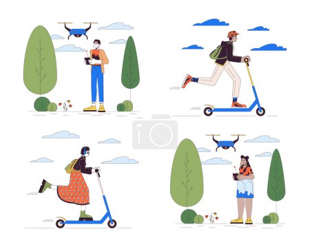 Technology in everyday life line cartoon flat illustrations set. Multicultural people 2D lineart characters isolated on white background. Drone UAV, e-scooter scenes vector color images collection