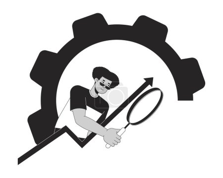 Analista de datos hispano personaje de dibujos animados de línea 2D en blanco y negro. Hombre con lupa en engranaje aislado contorno vectorial persona. Tecnología analítica empresarial ilustración plana monocromática
