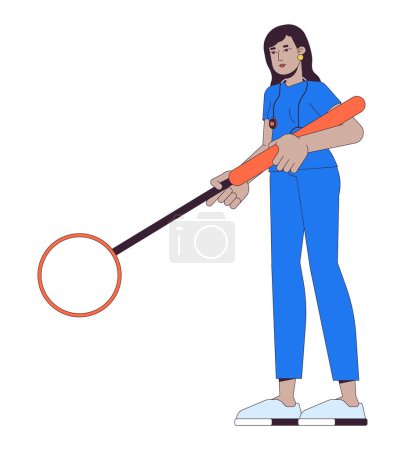 Illustration for Indian woman doctor with magnifying glass 2D linear cartoon character. Female therapist conducting exam isolated line vector person white background. Medicine color flat spot illustration - Royalty Free Image