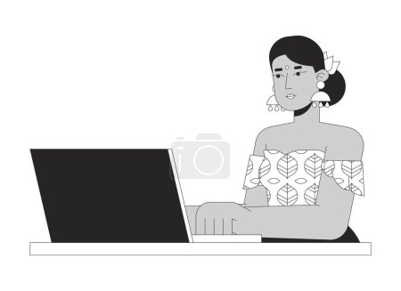 Indian woman working on laptop black and white 2D line cartoon character. Hindu female teleworker at computer isolated vector outline person. Outsource employee monochromatic flat spot illustration