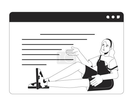 Ilustración de Mujer señalando en el sitio web bloque de texto en blanco y negro 2D línea personaje de dibujos animados. Desarrollador de software femenino aislado vector contorno persona. Programas de diseño de ilustración plana monocromática - Imagen libre de derechos
