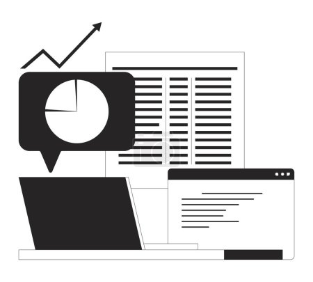 Online-Datenanalyse-Tools schwarz-weiß 2D-Linien Cartoon-Objekte. E-Business-Marketing-Instrumente isolierte Vektor-Outline-Elemente. Finanzstatistik Monochromatische Flachbild-Illustration