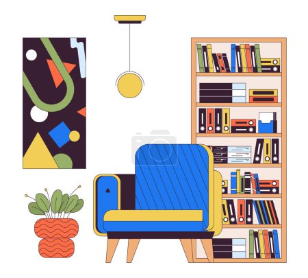 Illustration for Place to rest at home 2D linear cartoon objects. Armchair in room interior. Chill out corner isolated line vector elements white background. House furnishing idea color flat spot illustration - Royalty Free Image