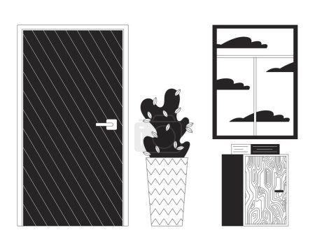 Illustration for Doorway lobby decoration black and white 2D line cartoon object set. Office building entryway design isolated vector outline items collection. Interior style monochromatic flat spot illustrations - Royalty Free Image