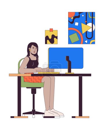 Inderin am Büroarbeitsplatz 2D lineare Zeichentrickfigur. Südasiatische Sekretärin arbeitet am Computer isolierte Linie Vektor Person weißen Hintergrund. Corporate Arbeit Farbe flacher Fleck Illustration