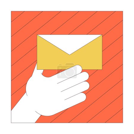 Offering paper envelope linear cartoon character hand illustration. Mail delivery service outline 2D vector image, white background. Sending vintage correspondence editable flat color clipart