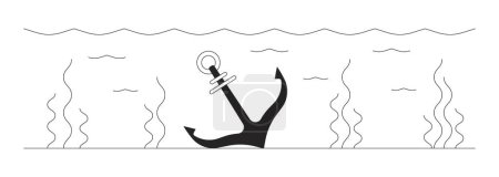Lost ship anchor underwater 2D linear cartoon object. Vessel mooring tool on sea bottom isolated line vector element white background. Shipwreck consequences monochromatic flat spot illustration