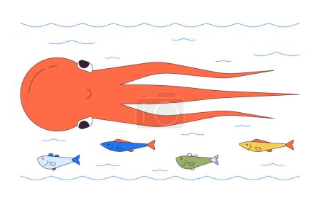 Pieuvre nageant avec des personnages de dessins animés linéaires 2D école de poissons. Animaux exotiques sous-marins isolé ligne vecteur personnages fond blanc. Habitat d'eau de mer illustration de tache plate couleur