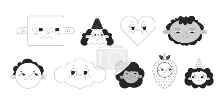 Groovy cute black and white 2D vector avatars illustration set. 70s retro heart, cloud, strawberry outline cartoon character faces isolated. Cone party flat user profile images collection portraits