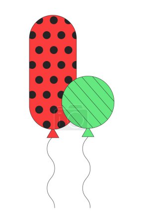 Téléchargez les illustrations : Ballons flottants en hélium pour fête d'anniversaire objet de dessin animé linéaire 2D. Décorations de divertissement ligne isolée élément vecteur fond blanc. Fête des fêtes ballons couleur plat spot illustration - en licence libre de droit