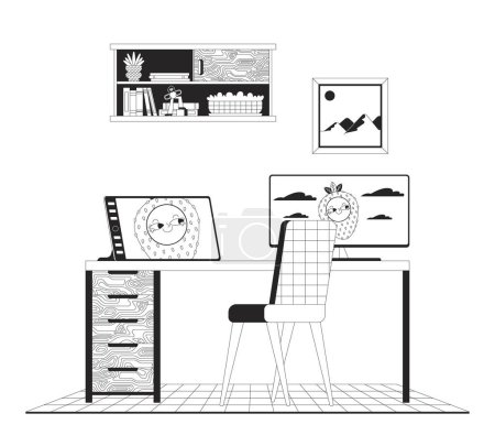 Illustration for Home office desk with digital tablet black and white cartoon flat illustration. Graphic designer computer table 2D lineart interior isolated. Freelance workspace monochrome scene vector outline image - Royalty Free Image