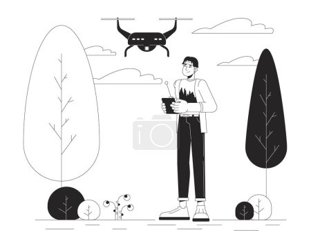 Téléchargez les illustrations : Homme coréen avec drone dans le parc dessin animé noir et blanc illustration plate. Asiatique gars contrôle quadcopter 2D lineart caractère isolé. technologie UAV vie quotidienne monochrome scène vecteur contour image - en licence libre de droit