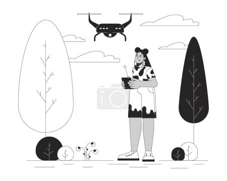 Illustration for Hispanic woman flying drone in park black and white cartoon flat illustration. Latina girl controlling quadcopter 2D lineart character isolated. UAV technology monochrome scene vector outline image - Royalty Free Image