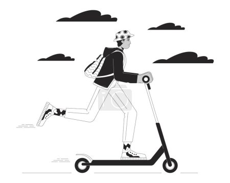 Indian young adult man riding electric scooter black and white cartoon flat illustration. South asian guy e-scooter 2D lineart character isolated. Urban mobility monochrome scene vector outline image