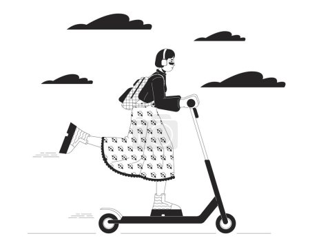 Korean fashionable woman riding electric scooter black and white cartoon flat illustration. Asian female e-scooter 2D lineart character isolated. Urban mobility monochrome scene vector outline image