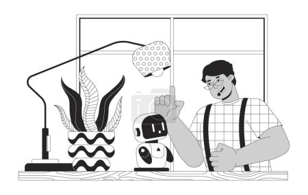 Illustration for Arab man talking to small robotic friend black and white cartoon flat illustration. Desktop companion robot 2D lineart characters isolated. Technology daily life monochrome scene vector outline image - Royalty Free Image