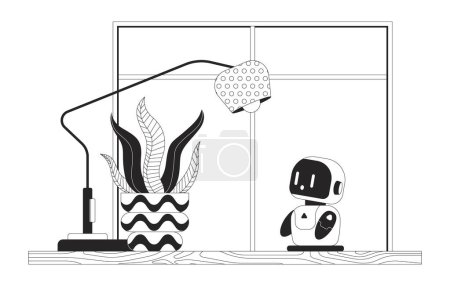 Small companion robot on desk office black and white cartoon flat illustration. Study buddy bot tabletop lamp houseplant 2D lineart interior isolated. Wow amazed monochrome scene vector outline image