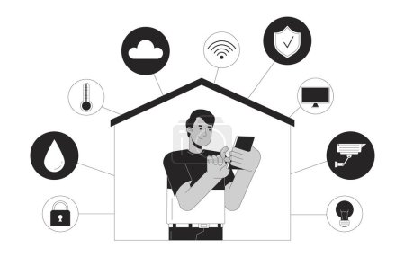 Illustration for Smart home phone man black and white 2D illustration concept. Remote access with smartphone indian guy cartoon outline character isolated on white. Smart house technology metaphor monochrome vector - Royalty Free Image