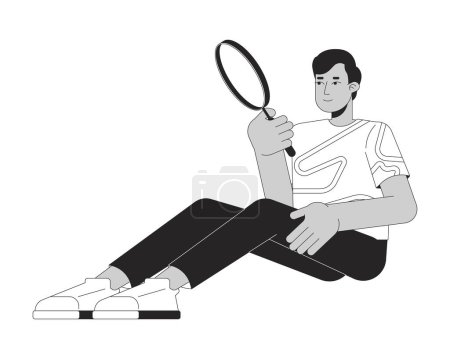 Homme indien regardant à travers loupe noir et blanc personnage de dessin animé ligne 2D. Enquêteur isolé vecteur contour personne. Illustration monochromatique des taches plates