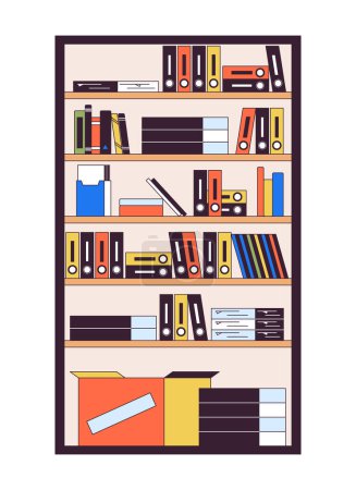 Illustration for Bookcase filled with folders and boxes 2D linear cartoon object. Office shelving unite with supplies isolated line vector element white background. Interior design color flat spot illustration - Royalty Free Image