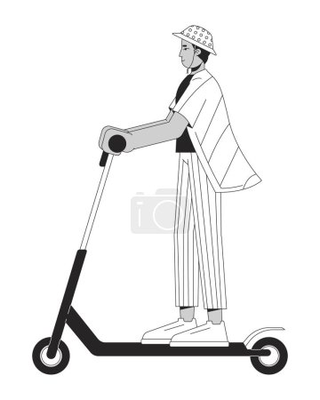 Homme indien équitation coup de pied scooter noir et blanc personnage de dessin animé ligne 2D. Jeune homme choisissant véhicule écologique isolé vecteur contour personne. Illustration monochromatique des taches plates de durabilité