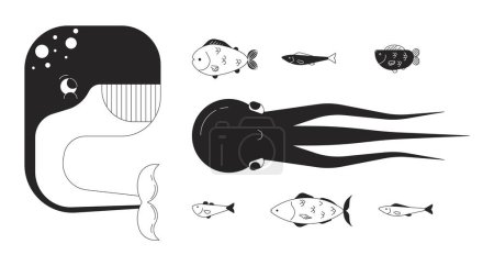 Téléchargez les illustrations : Créatures d'eau profonde noir et blanc personnages de bande dessinée ligne 2D ensemble. Les habitats d'eau salée décrivent des personnages isolés de vecteurs. Faune recherche monochromatique spot plat collection d'illustrations - en licence libre de droit