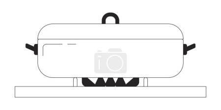 Illustration for Stovetop pot lid black and white 2D line cartoon object. Dinner preparation. Cooking kitchenware isolated vector outline item. Pot on stove flames. Meal preparing monochromatic flat spot illustration - Royalty Free Image