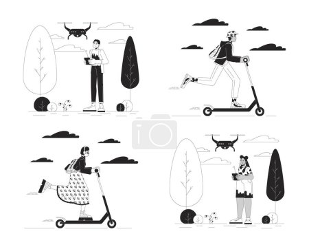 Technology in everyday life black and white cartoon flat illustrations set. Multicultural people 2D lineart characters isolated. Drone UAV, e-scooter monochrome scenes vector outline images collection