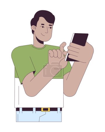 Heureux homme indien touchant téléphone personnage de dessin animé linéaire 2D. Sud asiatique mâle en utilisant smartphone isolé ligne vecteur personne fond blanc. Guy sur téléphone portable textos couleur plat spot illustration