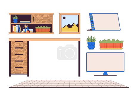 Illustration for Graphic designer gadgets furniture 2D linear cartoon objects set. Home office accessories isolated line vector elements white background. Workspace decor color flat spot illustration collection - Royalty Free Image