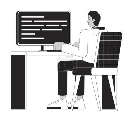 Homme indien développant un logiciel informatique noir et blanc personnage de dessin animé ligne 2D. Web designer travaillant isolée contour vectoriel personne. Illustration monochromatique de point plat de génie logiciel