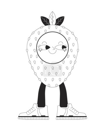 Téléchargez les illustrations : Happy baskets fraise noir et blanc personnage de dessin animé ligne 2D. Fruit souriant portant des chaussures de sport isolé personnage vectoriel contour. Illustration des taches plates monochromatiques de fruits rétro groovy Y2k - en licence libre de droit