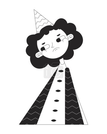 Fille malheureuse en robe de pastèque noir et blanc personnage de dessin animé ligne 2D. Déçue jeune femme isolée vecteur silhouette personnage. Chapeau d'anniversaire adolescent déprimé illustration tache plate monochromatique