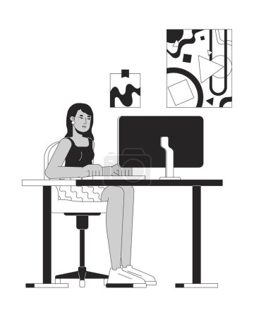 Indian female at office workplace black and white 2D line cartoon character. South asian woman working on computer isolated vector outline person. Corporate work monochromatic flat spot illustration