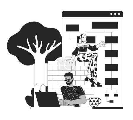 Multiracial team developing software black and white 2D line cartoon characters. Web designers work isolated vector outline people. Computer software designing monochromatic flat spot illustration