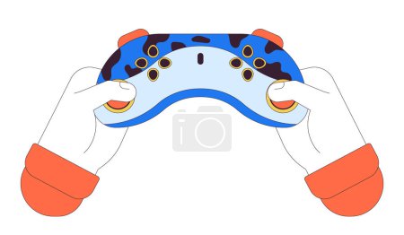 Illustration for Holding gamepad linear cartoon character hands illustration. Videogame controller buttons pressing outline 2D vector image, white background. Game gadget. Carrying joystick editable flat color clipart - Royalty Free Image