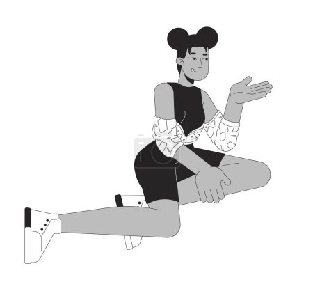 Illustration for Stylish sporty woman african american black and white 2D line cartoon character. Black girl gesturing isolated vector outline person. Sitting pose. Thought express monochromatic flat spot illustration - Royalty Free Image