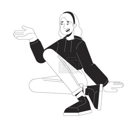 Mujer sentada gesticulando activamente personaje de dibujos animados en 2D en blanco y negro. Caucásico rubia hembra aislado vector contorno persona. Sugerencia gesto chica monocromática plana punto ilustración