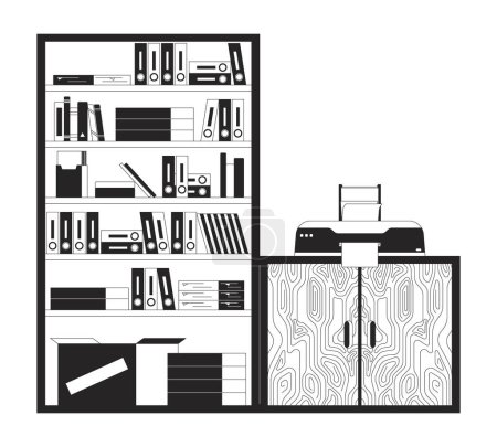 Bookcase and cabinet with printer black and white 2D line cartoon object. Minimalist office furniture isolated vector outline items. Room furnishing idea monochromatic flat spot illustration