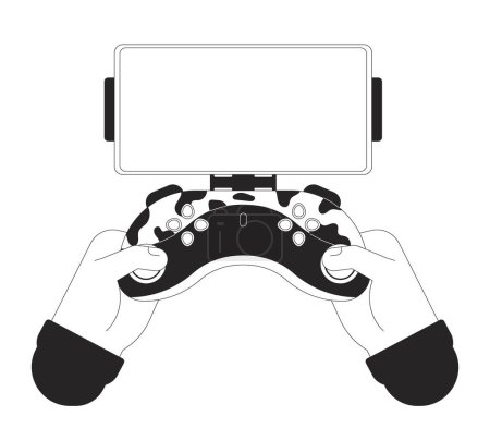 Illustration for Phone holder for game controller cartoon human hands outline illustration. Gamepad smartphone empty screen 2D isolated black and white vector image. Press buttons flat monochromatic drawing clip art - Royalty Free Image